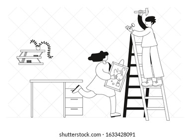Housewarming. A man nails a nail, a woman carries a picture. Vector