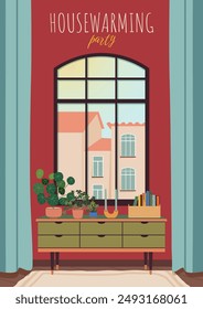 Housewarming party invitation or greeting card. New home celebration, colorful postcard design with mid-century modern style interior scene. Flat vector illustration banner. Happy new place to live in