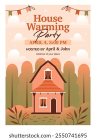 Housewarming Party. Invitation template with cute vector illustration of cute house, cottage, resident building on nature background with forest, flowers, plants, garlands, text. Flat Design.