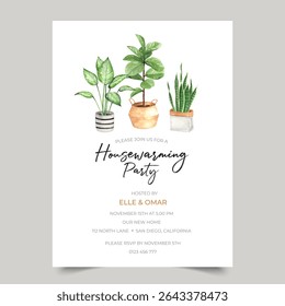 Housewarming party invitation template with watercolor indoor plant illustration