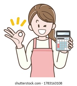 Housewife in an apron holding a calculator