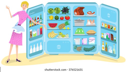 Housewife in apron presenting a giant opened fridge stuffed with food and beverages of all kind (Fifties style)