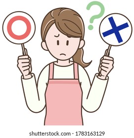 Housewife in an apron worried about correct or incorrect answers