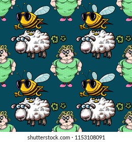 housewife, bee and farting sheep seamless pattern