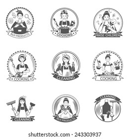 Housewife black label set with buying products cooking raising children isolated vector illustration