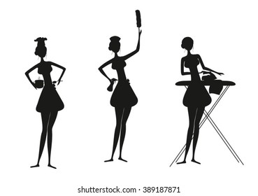 Housewife black silhouette. Housewife cleaning set, woman ironing, woman cooking, woman cleaning. Woman cleaning black silhouette.