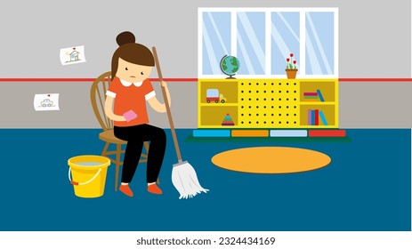 Housewife with a broom cleaning the floor in the office. Vector illustration.