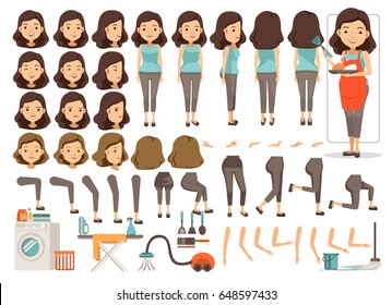 Housewife character creation set.Icons with different types of faces and hair style, emotions,front,rear,side view of female person.Moving arms,legs.Vector illustration Isolated on white background 