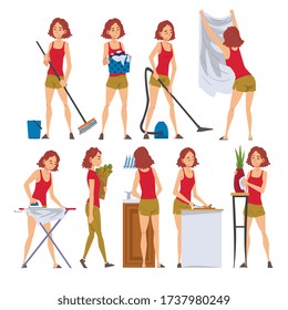 Housewife Character Household Activities Collection, Young Woman Cleaning, Vacuuming, Washing, Doing Shopping, Housekeeping, Everyday Duties and Chores Cartoon Vector Illustration