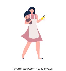 Housewife character routine daily activity doing Illustration. Woman Holding Baby and clean house. Busy mom smiiling with baby at home Concept.