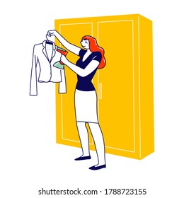 Housewife Character Use Steamer Iron for Dry Cleaning of Clothes. Woman Household Activity, Home Chores and Routine. Girl Steaming Dry Care of Dress Stand in Living Room. Linear Vector Illustration