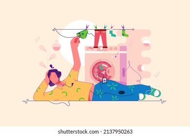 Housewife character washing clothes in machine, domestic chores vector illustration. Laundry, automatic washer. Bathroom appliance concept