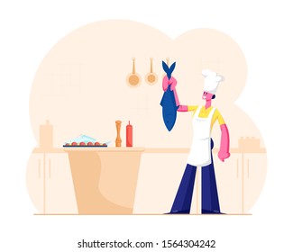 Housewife or Chef Cooking Seafood Meal. Young Woman in White Toque and Apron Holding Big Fish for Tail on Restaurant or Home Kitchen Prepare Menu for Foodies or Family. Flat Vector Illustration