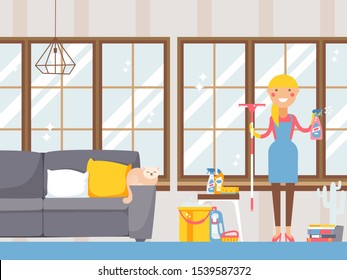 Housewife cleaning apartment, vector illustration. Smiling woman in apron with mop in sparkling clean living room with large windows. Cleanup tools and washing detergents, flat style house interior