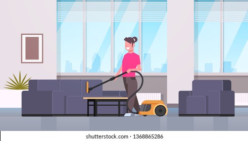 housewife cleaning armchair with vacuum cleaner smiling girl doing housework concept modern apartment living room interior female cartoon character full length horizontal