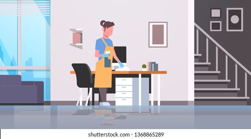 housewife cleaning computer table with duster woman wiping workplace desk girl dusting housework concept modern apartment interior female cartoon character full length flat horizontal