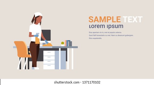 housewife cleaning computer table with duster african american woman wiping workplace desk housework concept female cartoon character full length flat horizontal copy space