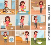 Housewife. Cleaning, cooking, washing, Ironing, watering flowers. Homework. Cleaning lady. Vector isolated illustration. Cartoon characters. Set. Woman work