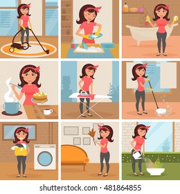 Housewife. Cleaning, cooking, washing, Ironing, watering flowers. Homework. Cleaning lady. Vector isolated illustration. Cartoon characters. Set. Woman work