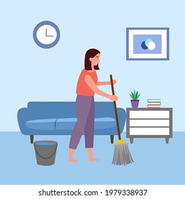 Housewife cleaning floor in living room in flat design. Woman doing housework concept.
