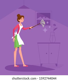 Housewife cleaning home. Cartoon character on dark violet background. Vector illustration for web, article, banner, landing. 
