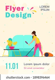 Housewife cleaning home with vacuum cleaner. Sofa, house, room flat vector illustration. Household and housekeeping concept for banner, website design or landing web page