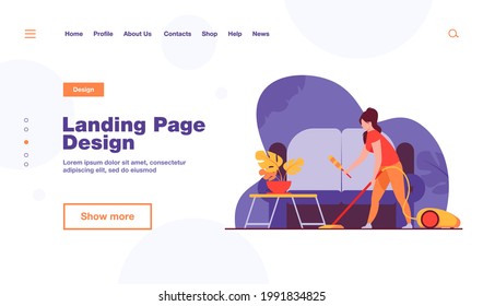 Housewife cleaning home with vacuum cleaner. Sofa, house, room flat vector illustration. Household and housekeeping concept for banner, website design or landing web page