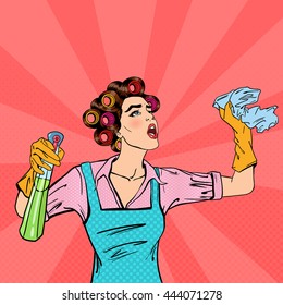 Housewife Cleaning the House with Spray and Rag. Pop Art. Vector illustration