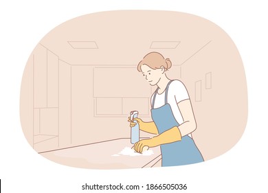 Housewife, cleaning, job career concept. Young woman professional cleaner in apron washing surfaces with special brush and making housework in apartment. Job, specialist, working sphere illustration