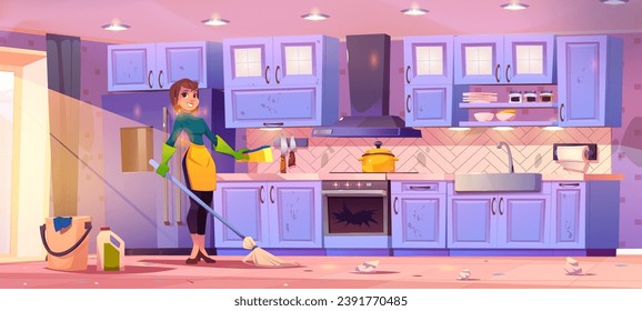 Housewife cleaning messy kitchen. Vector cartoon illustration of smiling woman with broom and sponge, bucket and bottle of detergent, garbage on dirty floor, broken oven glass, housekeeping work