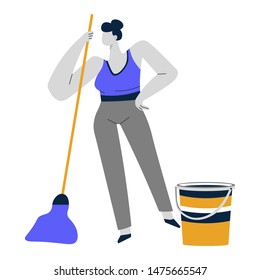 Housewife or cleaning service, woman mopping or sweeping floor, mop or broomstick and bucket vector. Housework or housekeeping, household chore. Female character washing flooring, maid equipment