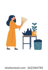housewife with cleaning supplies, art vector illustration 