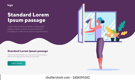 Housewife cleaning windows. Woman with dust cloth spraying glass cleaner on window flat vector illustration. Domestic chores, household concept for banner, website design or landing web page