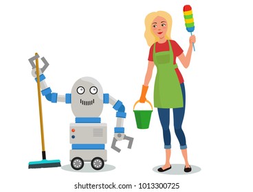 Housewife cleans with robot. Cleaning Day isolated characters. 