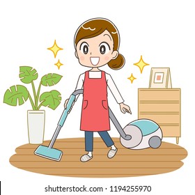 A housewife cleans the room.
