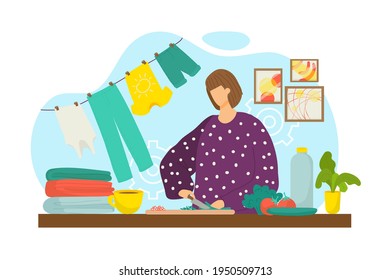 Housewife cok meal dinner at home, vector illustration. Cooking healthy lunch woman at cartoon kitchen, food preparation. Female person characetr