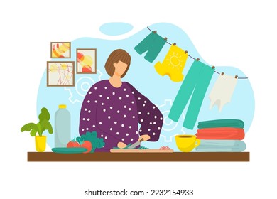 Housewife cok meal dinner at home, vector illustration. Cooking healthy lunch woman at cartoon kitchen, food preparation. Female person characetr