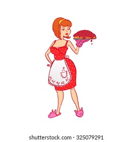 Housewife colored vector sketch. Linear pen drawing vector sketch.