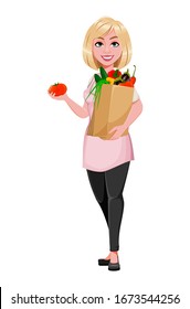 Housewife concept, young pretty stylish woman holding bag full of vegetables. Beautiful lady cartoon character. Stock vector