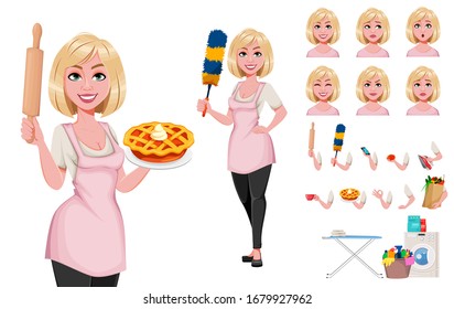 Housewife concept, young pretty stylish woman, pack of body parts, emotions and things. Beautiful lady cartoon character. Build your own design. Stock vector
