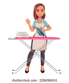 Housewife concept, young pretty stylish woman ironing clothes. Beautiful lady cartoon character. 