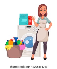 Housewife concept, young pretty stylish woman washes clothes. Beautiful lady cartoon character. 