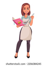 Housewife concept, young pretty stylish woman with cook book. Beautiful lady cartoon character.