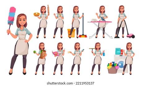 Housewife concept, young pretty stylish woman, set of eleven poses. Cute lady cartoon character.