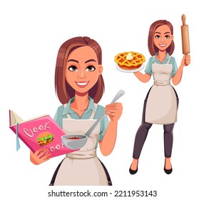 Housewife concept, young pretty stylish woman, set of two poses. Cute lady cartoon character.