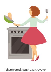 Housewife and cooker pan and spatula woman cooking pancakes vector isolated female character kitchen appliance culinary and cuisine morning breakfast pastry food girl in skirt near stove kitchenware.