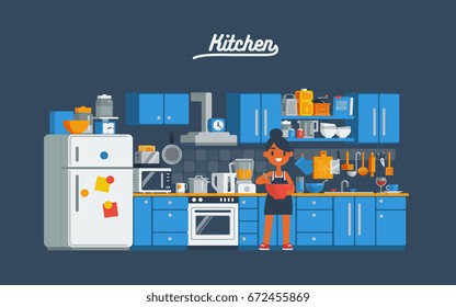 housewife cooking in a kitchen, isolated colorful vector flat art cartoon style character illustration.