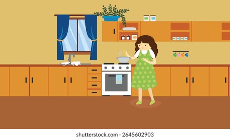 Housewife cooking in the kitchen. Vector illustration in flat style.