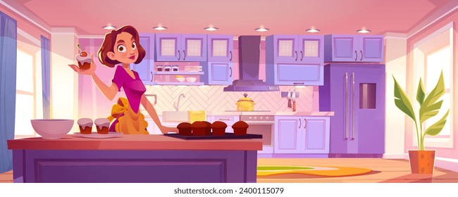 Housewife cooking muffins in kitchen. Vector cartoon illustration of female character baking cakes home, clean dining room with blue wood and glass furniture, kitchenware on shelf, daylight in window