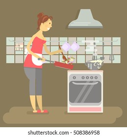 Housewife is cooking on kitchen background interior. Concept in flat style vector illustration.